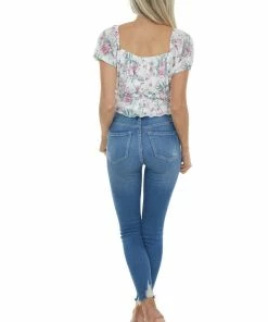 Peach Love Tops Off White Floral Print Short Puff Sleeve Top