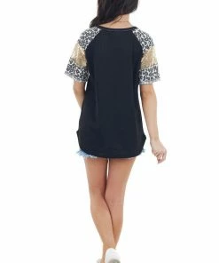 BiBi Black Waffle Knit Top With Leopard And Sequin Contrast Tops