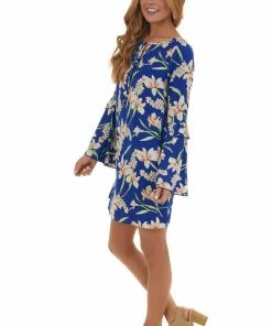 ROKOKO Royal Blue Floral Long Bell Sleeve Short Dress