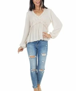 Peach Love Tops Oatmeal Long Puff Sleeve Babydoll Top With Ruffle Detail