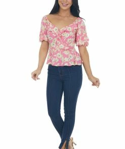 Lush Clothing Bubblegum Pink Floral Print Peplum Top Tops 28 Lush Clothing Bubblegum Pink Floral Print Peplum Top Tops