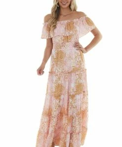 Peach Love Baby Pink Animal Print Off Shoulder Maxi Dress