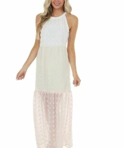 Andree Ivory Colorblock Swiss Dot Maxi Dress