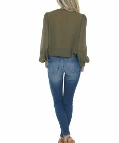 Miss Sparkling Tops Olive Swiss Dot Bubble Sleeve Woven Lace Top