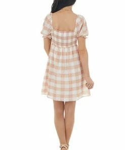 Lush Clothing Peach Plaid Square Neckline Babydoll Dress With Puff Sleeves