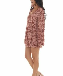 Entro Punch Pink Printed Bell Sleeve Surplice Romper Dresses
