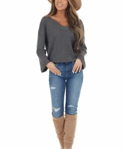 Jodifl Charcoal Grey Waffle Knit Notch Neck Top With Loose Sleeves Tops