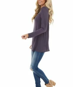 BiBi Tops Dusty Blue Soft Stretchy Long Sleeve Top With Chest Cutout