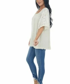 Umgee Oatmeal Floral Textured Mesh Sleeve Blouse