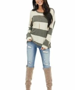 7th Ray Charcoal And Cream Striped Drop Shoulder Long Sleeve Top