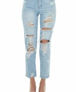 American Fit Light High Rise Distressed Boyfriend Jeans