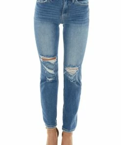 KanCan Dark Wash High Rise Torn Straight Leg Jeans