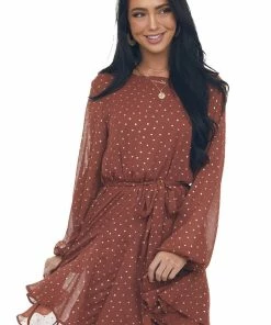 She + Sky Cinnamon Drop Waist Short Dress With Gold Dots Dresses