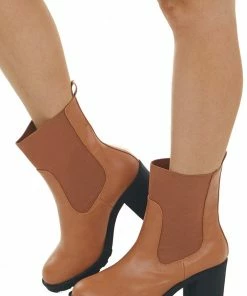 Intouch Footwear Shoes Caramel Faux Leather Elastic Panel Lug Booties