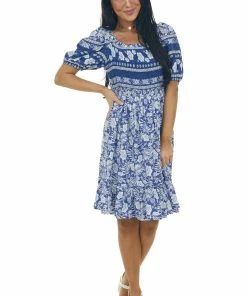 Jodifl Light Navy Tropical Print Smocked Short Dress