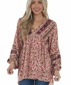 Umgee Tops Peach Floral Babydoll Bubble Sleeve Blouse