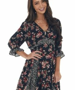 Umgee Black Mixed Floral Print V Neck Short Dress Dresses