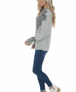 BiBi Ivory Stripe Top With Leopard Thermal Knit Detail 15 BiBi Ivory Stripe Top With Leopard Thermal Knit Detail