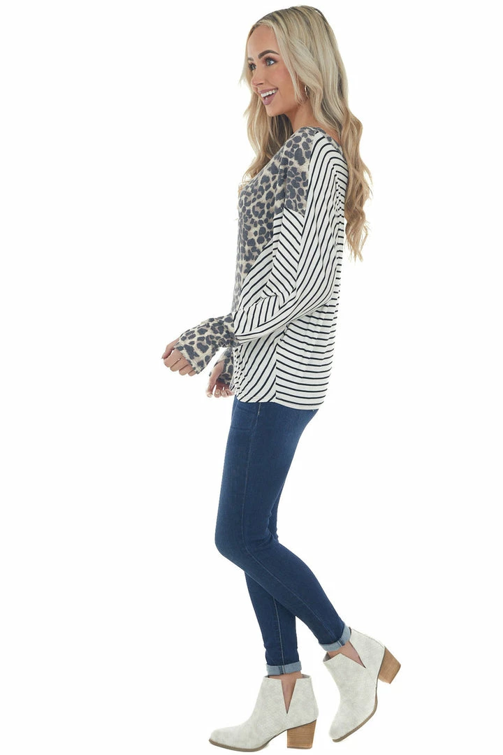 BiBi Ivory Stripe Top With Leopard Thermal Knit Detail 8 BiBi Ivory Stripe Top With Leopard Thermal Knit Detail