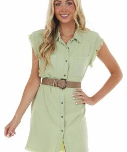 Trend Notes Dresses Sage Chambray Cap Sleeve Shirt Dress With Frayed Edges
