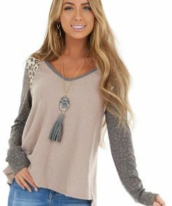 12PM Mauve Multiprint Waffle Knit Top With Leopard Long Sleeves