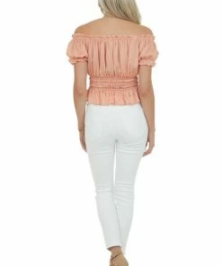She + Sky Tops Melon Off The Shoulder Short Bubble Sleeve Woven Top
