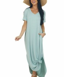 ZENANA Mint Short Sleeve Maxi Dress With Side Slits