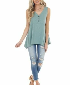 Mittoshop Sage Cotton Sleeveless Babydoll Tunic Top With V Neckline