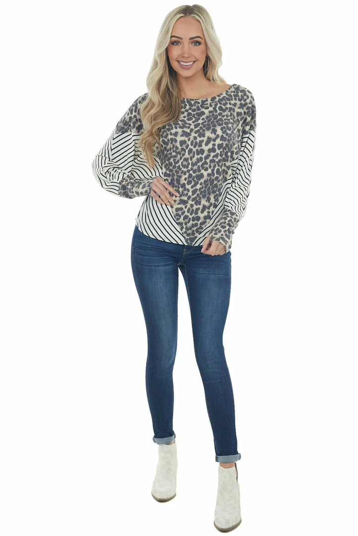 BiBi Ivory Stripe Top With Leopard Thermal Knit Detail 5 BiBi Ivory Stripe Top With Leopard Thermal Knit Detail