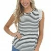 Hailey & Co Tops Black And Ivory Striped Lace Cap Sleeve Top
