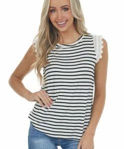 Hailey & Co Tops Black And Ivory Striped Lace Cap Sleeve Top