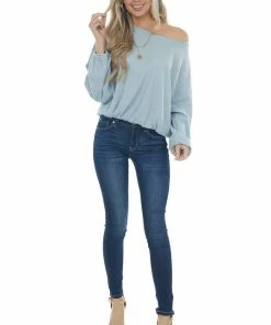Wishlist Powder Blue Long Bubble Sleeve Stretchy Ribbed Knit Top