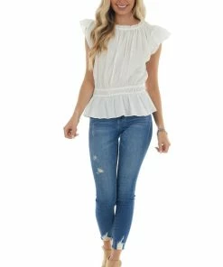 Grade & Gather Ivory Ruffle Cap Sleeve Cinch Waist Blouse