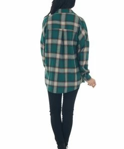 Shewin Tops Forest Green Plaid Button Up Long Sleeve Top