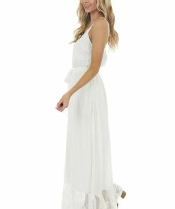 Main Strip Dresses Off White Sleeveless Maxi Dress With Contrast Lace Hem