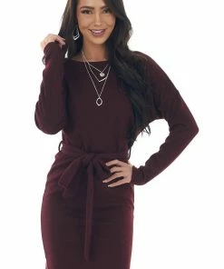 She + Sky Dresses Dark Wine Ribbed Long Sleeve Short Dress