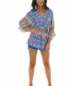 Umgee Sapphire Abstract Print Babydoll Surplice Top Tops