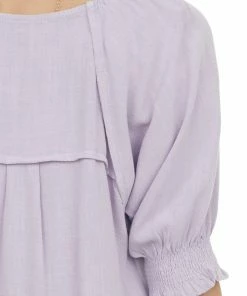 Umgee Lilac Woven Half Bubble Sleeve Top With Frayed Hem Tops