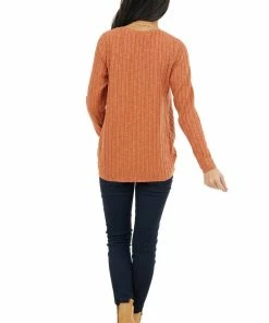 Les Amis Rust Long Sleeve Ribbed Top With Twisted Hem Detail