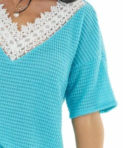 BiBi Aqua Waffle Knit V Neck Short Sleeve Top With Lace Detailing Tops 31 BiBi Aqua Waffle Knit V Neck Short Sleeve Top With Lace Detailing Tops