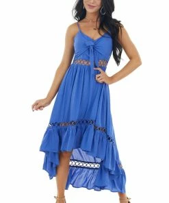 Main Strip Royal Blue High Low Midi Dress With Tie And Peekaboo Details Dresses