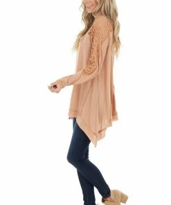 Kori America Apricot Long Sleeve Knit Top With Crocheted Neckline Tops