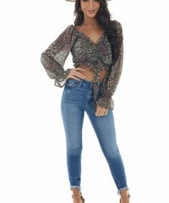 Illa Illa Deep Juniper Floral Off Shoulder Cropped Top Tops