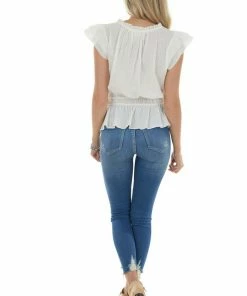 Grade & Gather Ivory Ruffle Cap Sleeve Cinch Waist Blouse