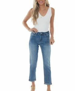 Vervet Mid Wash High Rise Boyfriend Cuffed Hem Jeans