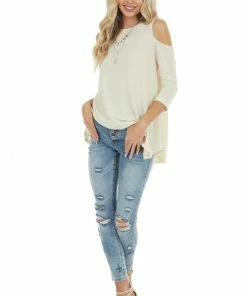 CY Fashion Dark Cream Cold Shoulder Top With Back Criss Cross Detail Tops