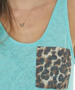 CY Fashion Aqua Loose Knit Tank Top With Leopard Print Front Pocket Tops