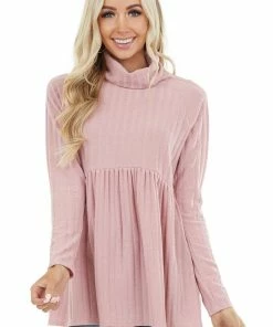 Haptics Dusty Blush Babydoll Ribbed Turtleneck Top With Long Sleeves
