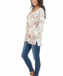 BiBi Ivory Leopard Print Long Sleeve Top With Front Pocket Tops