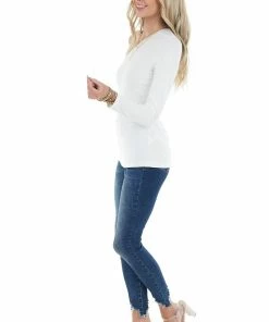 Entro Ivory Fitted Single Sleeve Stretchy Ribbed Knit Top Tops